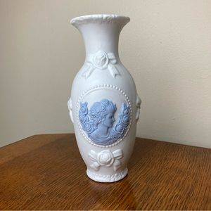 Vintage vase white and blue lady silhouette cameo style